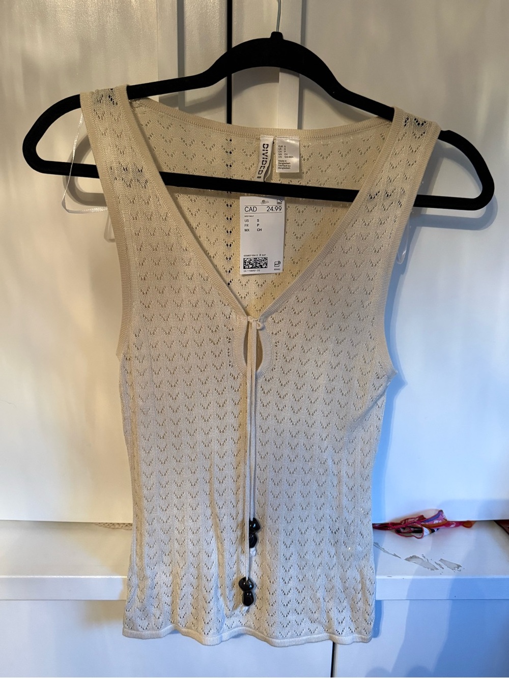 POINTELLE-KNIT TIE-DETAIL TOP